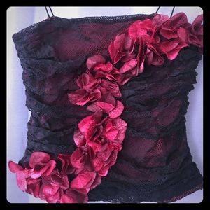 Black lace and dark red cropped top